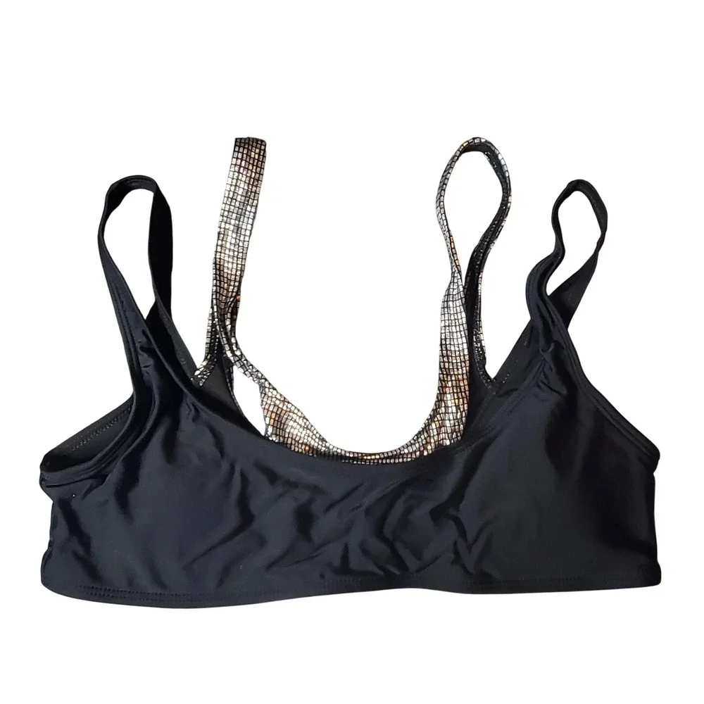 SHEIN Bikini Set Women Large Black Silver Metallic Layered‎ High Cut L